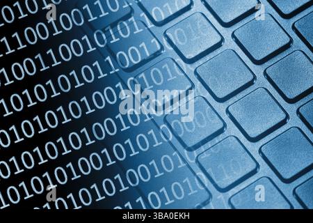 Binary code on keyboard. Digital data technology. Programming and coding concept. Cyber computer interface. Blue cybersecurity tech background. Stock Photo