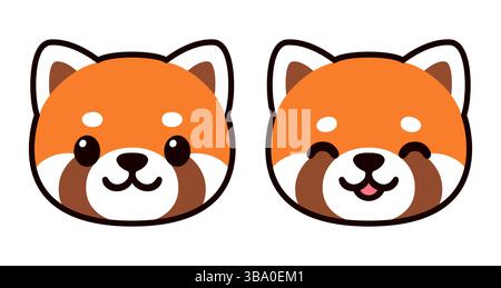 Cute cartoon red panda face drawing, two expressions. Kawaii icon or logo, vector clip art illustration. Stock Vector