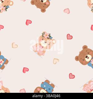 Seamless pattern with small teddy bears and hearts on beige background Stock Vector