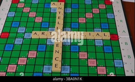 The concept of AI is illustrated on a Scrabble board with the words Robot, Machine, Learning, Artificial Intelligence spelled out in letters Stock Photo
