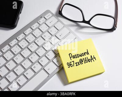 Computer account password security concept. A strong and reliable computer password written on a sticky note paper. Stock Photo