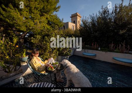Relaxed lunch on a sunny terrace in Southern Italy with a big white dog. Perfect for promoting Mediterranean lifestyle, pet-friendly travel, or outdoor dining concepts Stock Photo