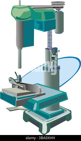 A colorful illustration of a teal and green drill press with a silver drill bit and belt-driven mechanism Stock Vector