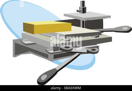 A sleek illustration of a gray and yellow industrial press machine with black handles Stock Vector