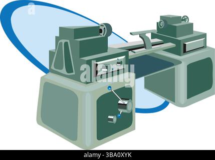 An abstract vector illustration shows a Industrial Lathe Machine for carpentry works in cartoon style Stock Vector