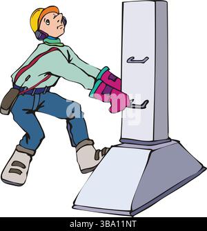 An abstract vector illustration shows a worker taking off cooker hood in cartoon style Stock Vector
