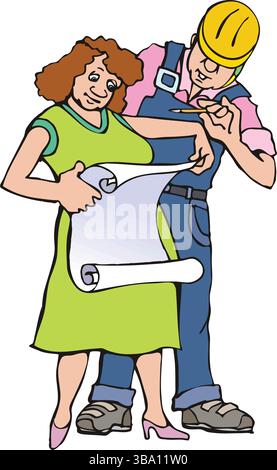 An abstract vector illustration shows a Construction Worker Reviewing Plans with a woman in cartoon style Stock Vector