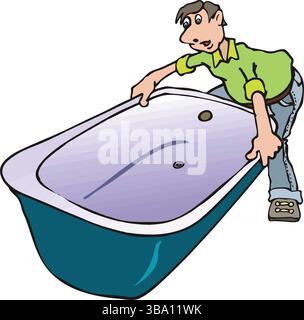 An abstract vector illustration shows a plumber Moving Bathtub in cartoon style Stock Vector