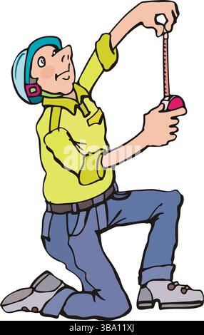 a construction worker in a blue hard hat, yellow shirt, and blue jeans, kneeling and using a red tape measure Stock Vector