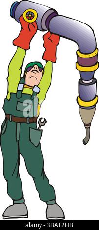An abstract vector illustration shows a Plumber Installing Pipe in cartoon style Stock Vector