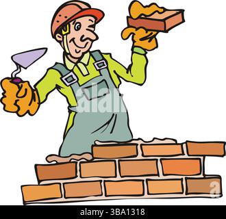 A colorful illustration of a mason in an orange hard hat using a trowel to lay bricks with mortar on a brick wall Stock Vector