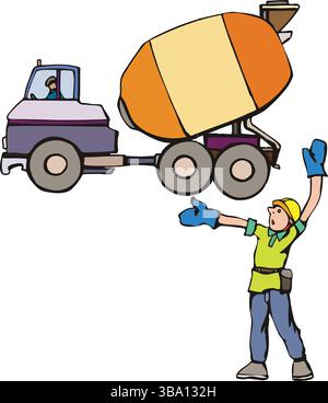 An illustration of a construction worker in a yellow hard hat directing a purple cement truck with an mixer Stock Vector