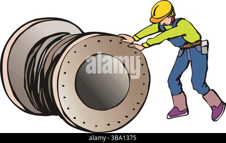 A colorful illustration of a construction worker in a yellow hard hat, pushing a large gray cable reel Stock Vector
