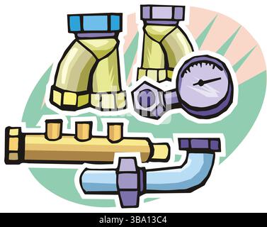 A colorful illustration featuring various plumbing components, including a pipe elbow, a pressure gauge, a manifold, and a pipe Stock Vector