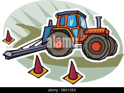 A colorful illustration of an orange and blue tractor with a gray scraper blade, surrounded by purple traffic cones Stock Vector