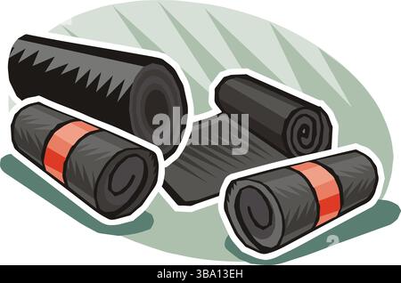 A colorful illustration of several rolls of black waterproofing material with red and orange bands Stock Vector