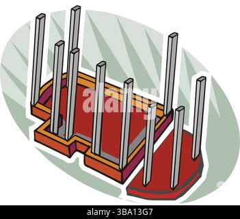 A colorful illustration of a building foundation with gray rebar rods embedded in a red concrete base Stock Vector