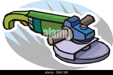 A colorful illustration of a green and blue angle grinder with a purple disc and brown handles Stock Vector