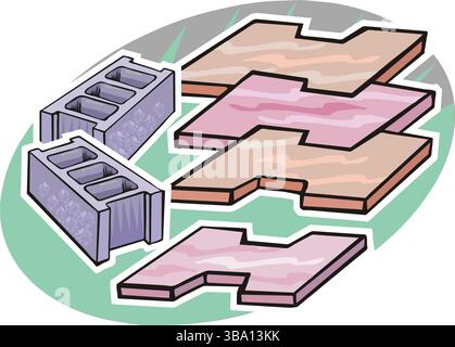 A colorful illustration featuring an assortment of construction materials, including a cinder block, insulation panels, and a concrete panel Stock Vector