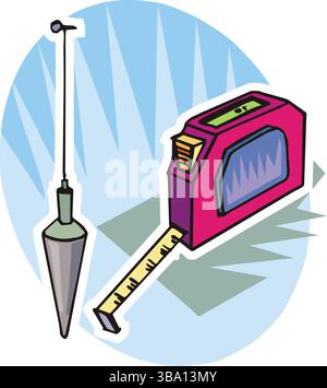 An abstract vector illustration shows a isometric icon with a measuring tape in cartoon style Stock Vector