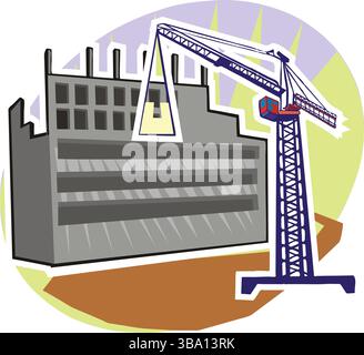 A colorful illustration of a purple crane lifting a yellow load over a gray multi-story building under construction Stock Vector