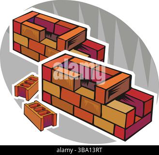 A colorful illustration of two partially built brick walls with orange and purple bricks, accompanied by a few loose bricks Stock Vector