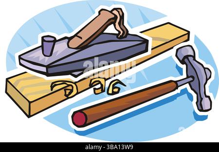 A colorful illustration of woodworking tools, including a hand plane on a wooden board with shavings, a hammer with a brown handle Stock Vector