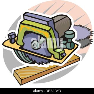 A colorful illustration of a green and purple circular saw with a blade, placed on a wooden board Stock Vector
