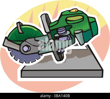 A colorful illustration of a concrete cutting saw with a purple blade, resting on a concrete slab Stock Vector