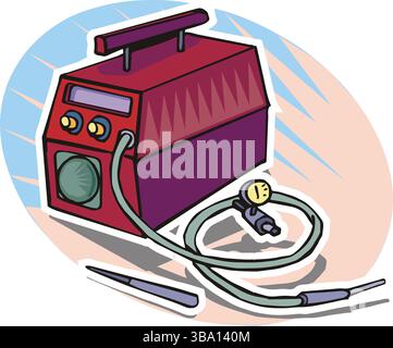 A colorful illustration of a red and purple welding machine with green cables, a pressure gauge, and welding rods Stock Vector