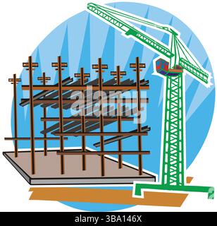 A colorful illustration of a green crane next to a wooden scaffolding structure with black beams Stock Vector