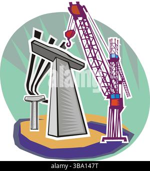 A colorful illustration of a purple crane lifting a gray concrete pillar with rebar Stock Vector