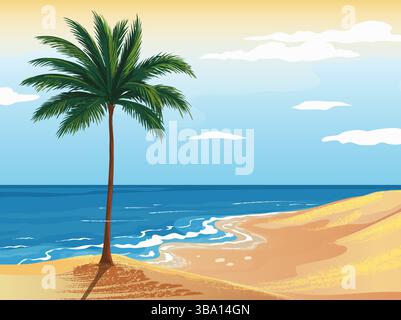Palm beach. Seaside nature landscape. Ocean water waves. Seashore sand. Wild tropical island. Marine resort scenery. Paradise coast. Summer travel vacation. Scenic horizon. Vector seascape background Stock Vector