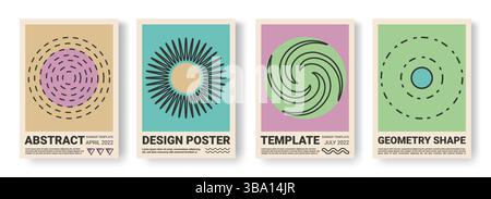 Abstract posters. Graphic flat shapes. Dotted line concentric circles and spirals. Geometric rounds. Modern concert invitation. Minimal sun rays. Promotion card. Vector banner design templates set Stock Vector