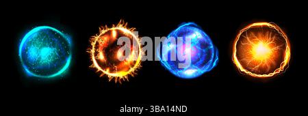 Fire ball. Magic light energy effect. Flame game orb or power fireball. Blue thunder glow. Round crystal luminous sphere. Electric lightning blast sparkle. Vector 3D blazing plasma isolated shapes set Stock Vector