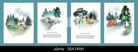 Watercolor camp. Nature landscape drawing. Mountain tree forest. Camping tent and bonfire. River campsite. Travel book flyer. Positive adventure color sketch card. Vector painting design posters set Stock Vector