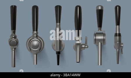 Beer tap. Handle bar faucet. Craft pour brew machine for brewery beverage. 3D pub alcohol pump equipment. Carbonated drink steel crane with valve. Liquid vending appliance. Vector isolated mockups set Stock Vector
