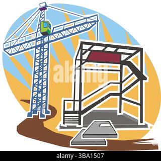 A colorful illustration of a blue crane with a green cab, towering over a black and yellow structural framework with a staircase Stock Vector