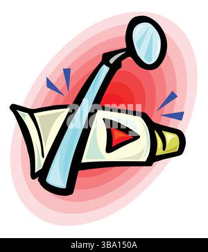 An abstract vector illustration shows a toothpaste and dentist's mirror or dentist's instrument in cartoon style Stock Vector