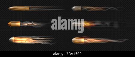 Bullet effect. Flying speed fire. 3D silver projectile trail or pistole shotgun. Gun smoke and gunpowder combustion trace. Military weapon. Ballistic trajectory flight motion. Vector rifle hits set Stock Vector