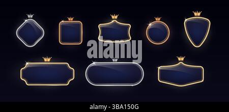 VIP frame. Metal crown logo, 3d gold or silver luxury badge on black. Premium shiny bronze royal design. Different geometric forms, royal invitation decorative isolated collection, vector elegant set Stock Vector