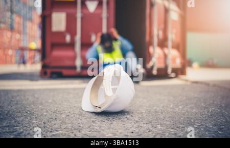 Engineer or foreman has an accident while working on Container ship. Logistics global import or export shipping industrial concept. Stock Photo