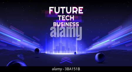 Digital technology. Future tech business background, light line earth innovation in science. Metaverse energy elements, neon effect. Shine hologram skyscrapers, cyberspace digital view vector concept Stock Vector