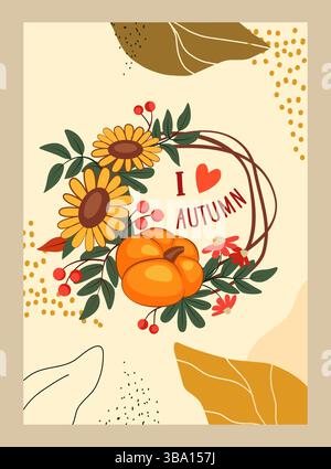 Cute autumn. Hello fall season holiday card. Orange gourd. Sunflowers and leaves wreath. Rowan branches circle. Abstract color flat spots. Autumnal pumpkin. Thanksgiving party. Vector seasonal banner Stock Vector