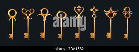 Golden key 3d. Old gold vintage secret isolated elements, antique metal door glowing symbol. Lock, unlock or property access, protection and safe retro object. Vector realistic isolated illustration Stock Vector