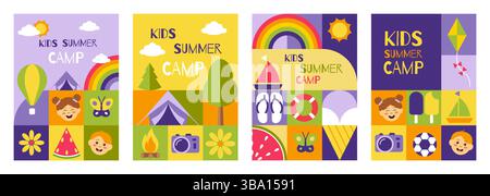Summer camp poster. Schools child sport holidays, children geometric background as education flyer. Outdoors party and picnic for kids. Camping and tourism. Vector cartoon flat style isolated concept Stock Vector