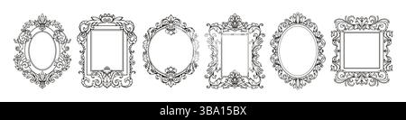 Gothic frame. Ornate mirror ornament, antique victorian border. Oval and square hand drawn fantasy decoration. Arabesque filigree sketch classic botanical graphic. Vector silhouette style isolated set Stock Vector
