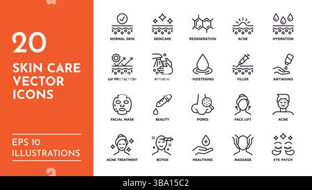 Skin care icons. Face beauty cosmetic. Skincare makeup with UV sunscreen protection. Water health glow. Hair collagen. SPF moisture cream. Acne treatment. Lifting procedure. Vector line pictograms set Stock Vector