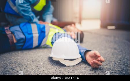 Engineer or foreman has an accident while working on Container ship. Logistics global import or export shipping industrial concept. Stock Photo