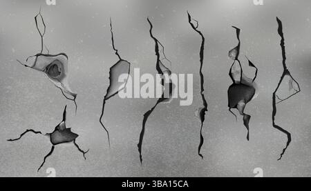 Wall cracks with hole. Broken stone texture. Earthquake scratch. 3D destruction split. Shattered concrete fissure. Cement or asphalt background. Grungy crash cleft. Vector broken surface effects set Stock Vector